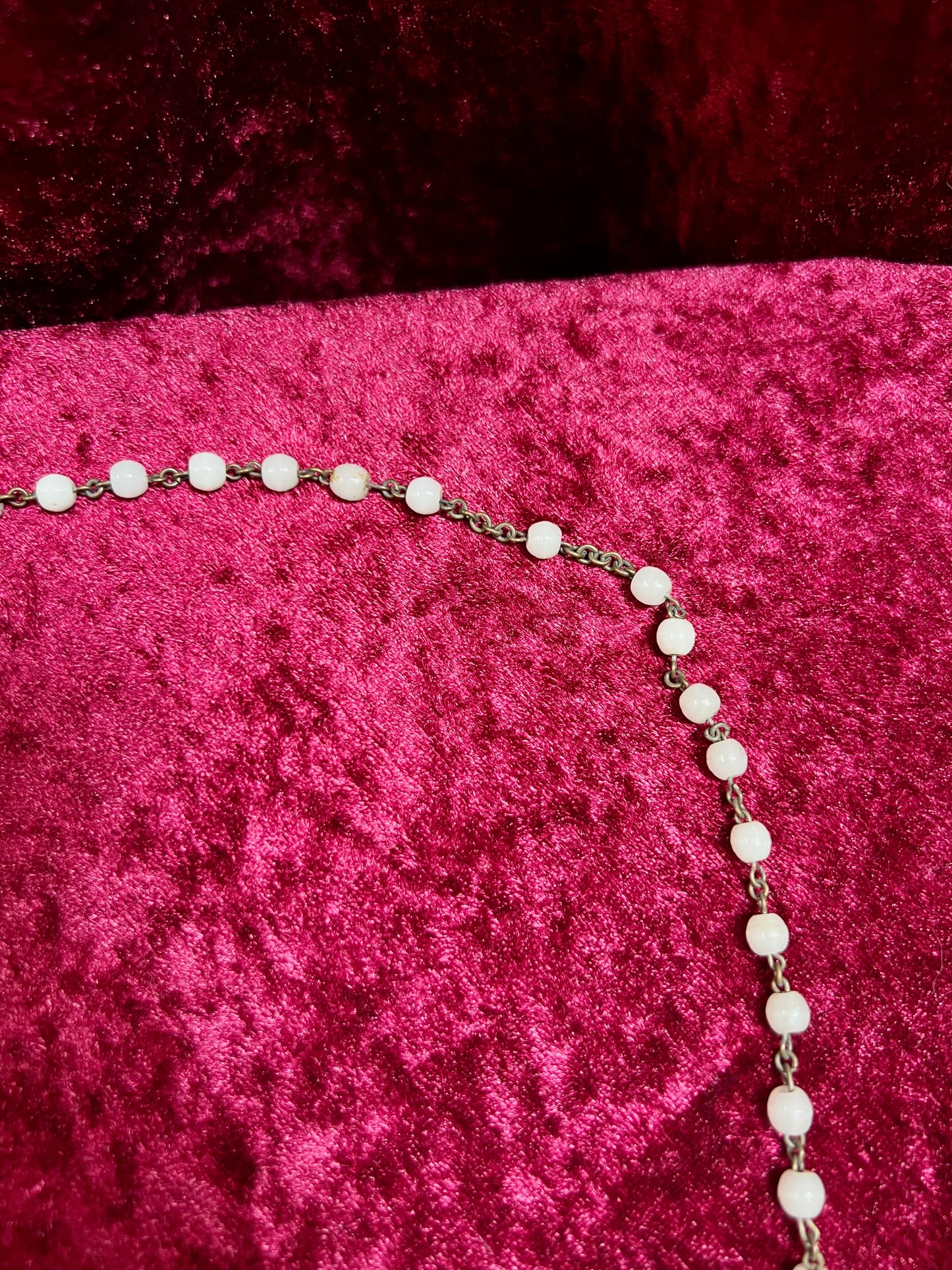 Vintage Jewelry - Italian Rosary - Shiny White Beads with Brass Tone Cross - 18"