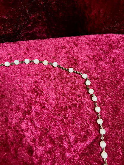 Vintage Jewelry - Italian Rosary - Shiny White Beads with Brass Tone Cross - 18"