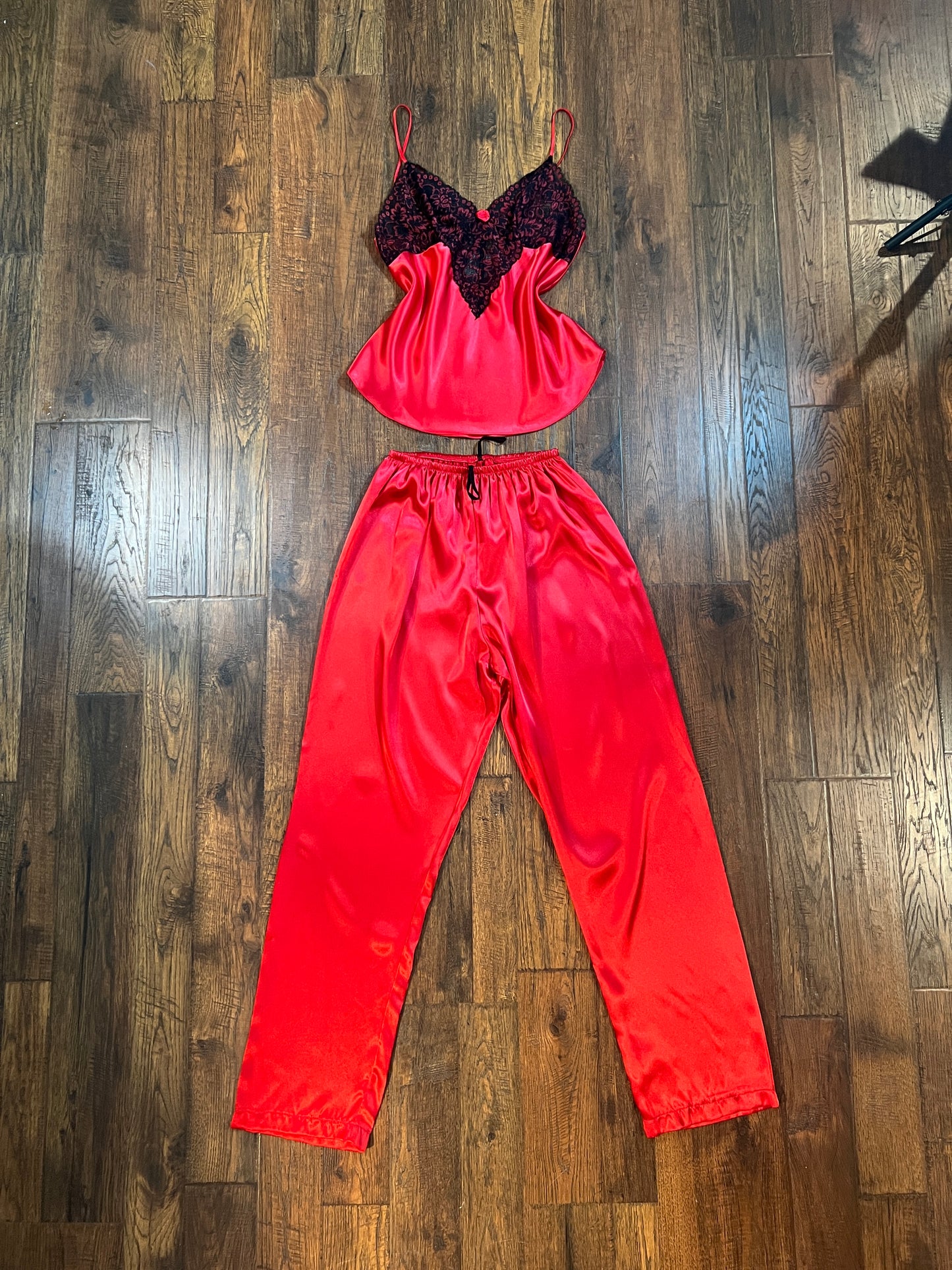 Vintage Clothing - Red Satin with Black Lace Tank & Pant Pajama Set - Secret Treasures - Size Medium
