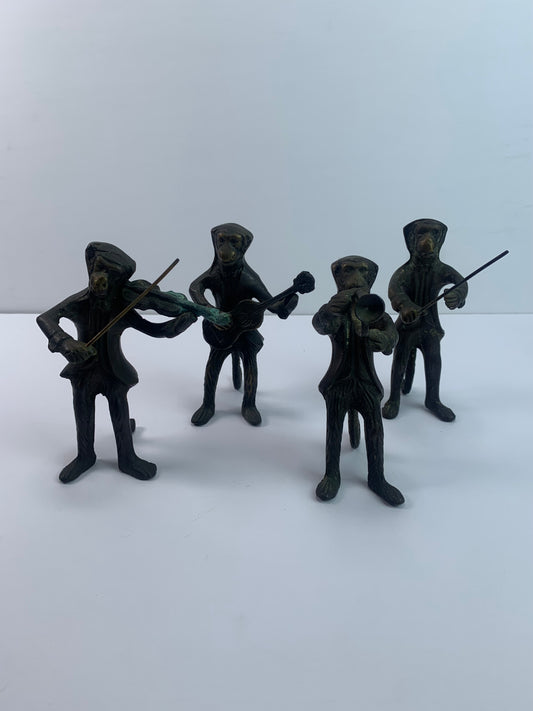 Vintage Home Decor - Bronze Figurines - Anthropomorphic Monkey Orchestra - Set of 4