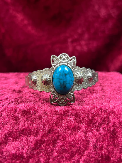 Vintage Jewelry - Cuff Bracelet - Engraved Silver Tone Metal - Faux Turquoise Center