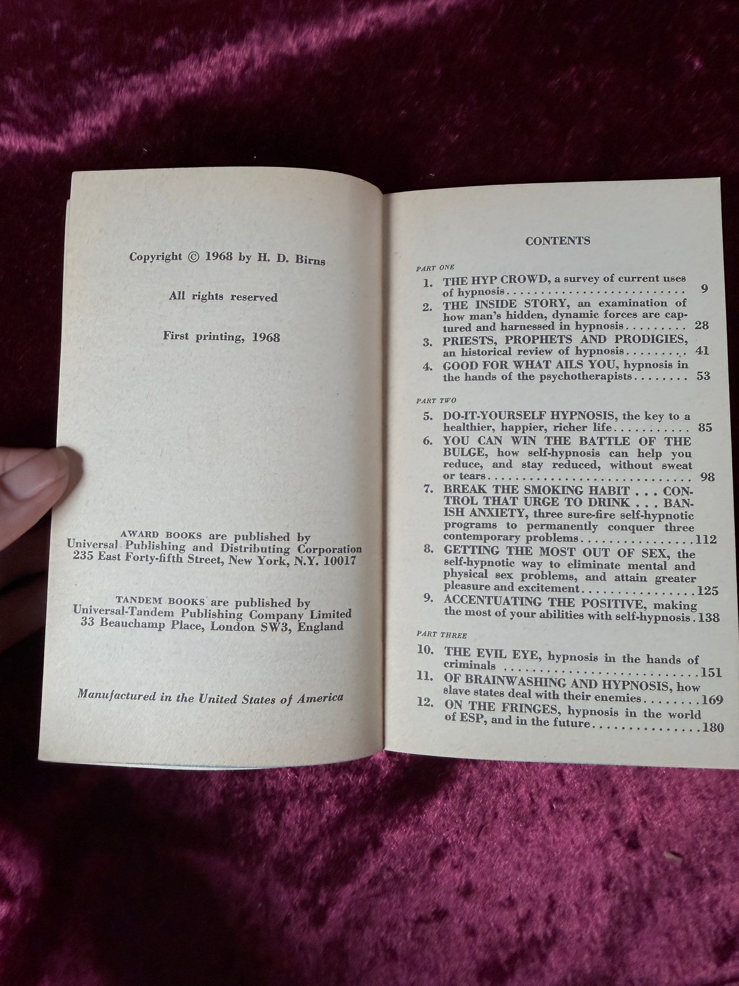 Vintage Hypnosis by H. D. Birns 1968 First Printing Award Books Paperback