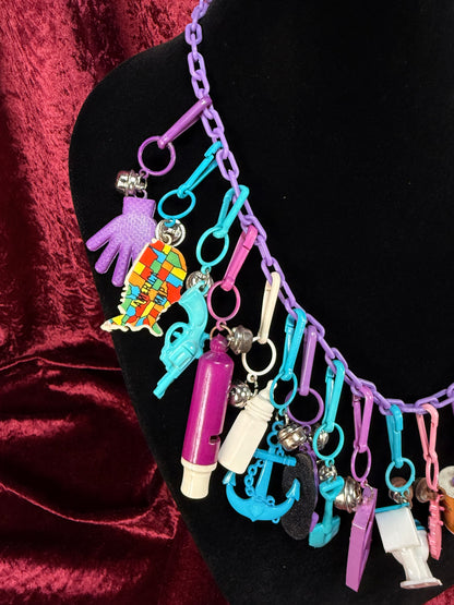 Vintage 1980s Plastic Chain Charm Necklace - 20 Bell Charms - Purple & Aqua Blue