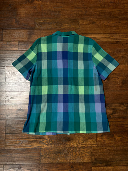 Vintage Koret Francisca Cotton Blend Blouse – Blue Green Plaid Button Up – Large