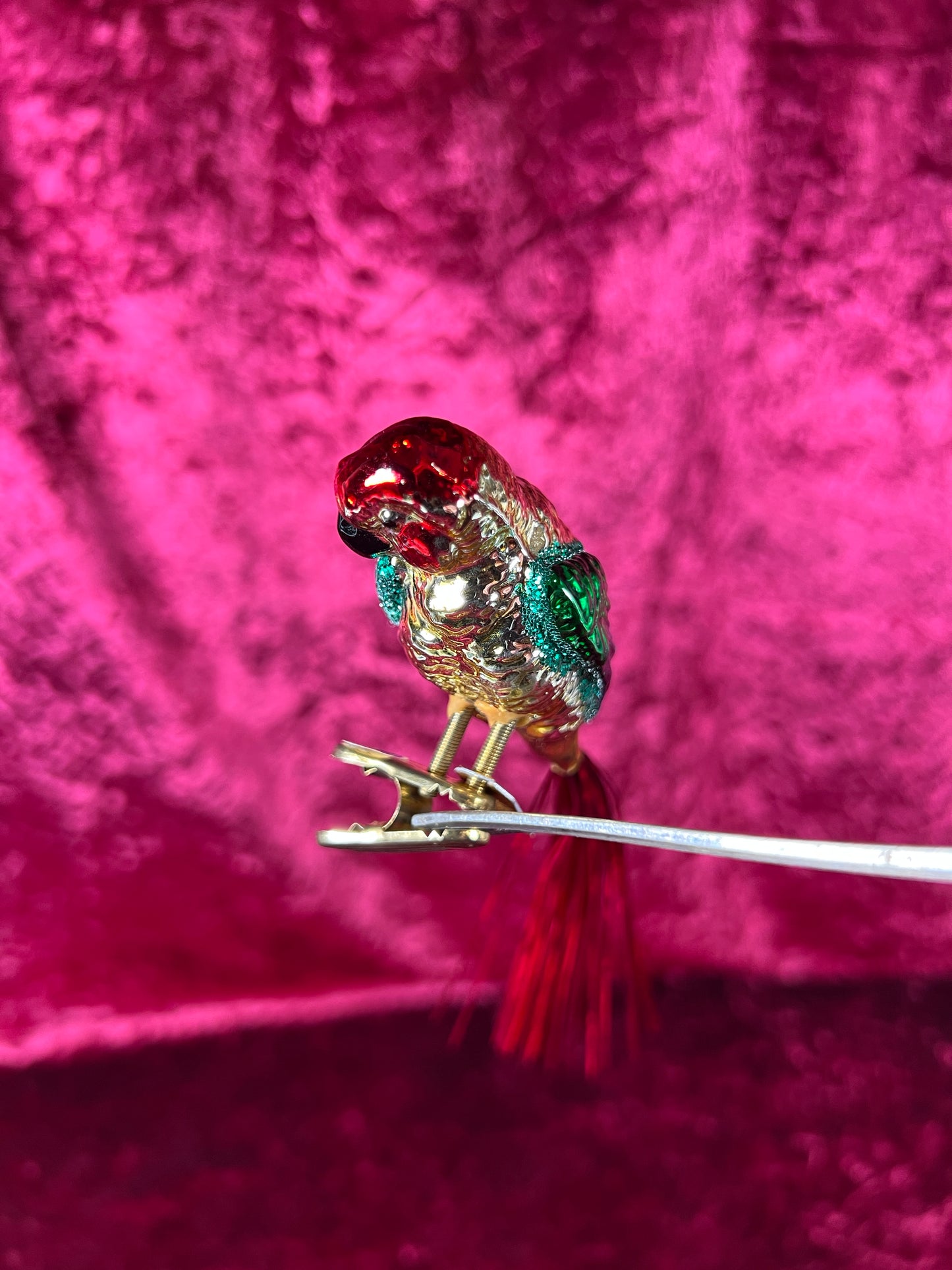 Vintage Christmas - Glass Clip-On Ornament - Rainbow Macaw Parrot with Tinsel Tail - Made In Germany