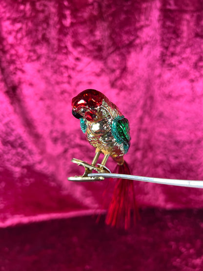 Vintage Christmas - Glass Clip-On Ornament - Rainbow Macaw Parrot with Tinsel Tail - Made In Germany