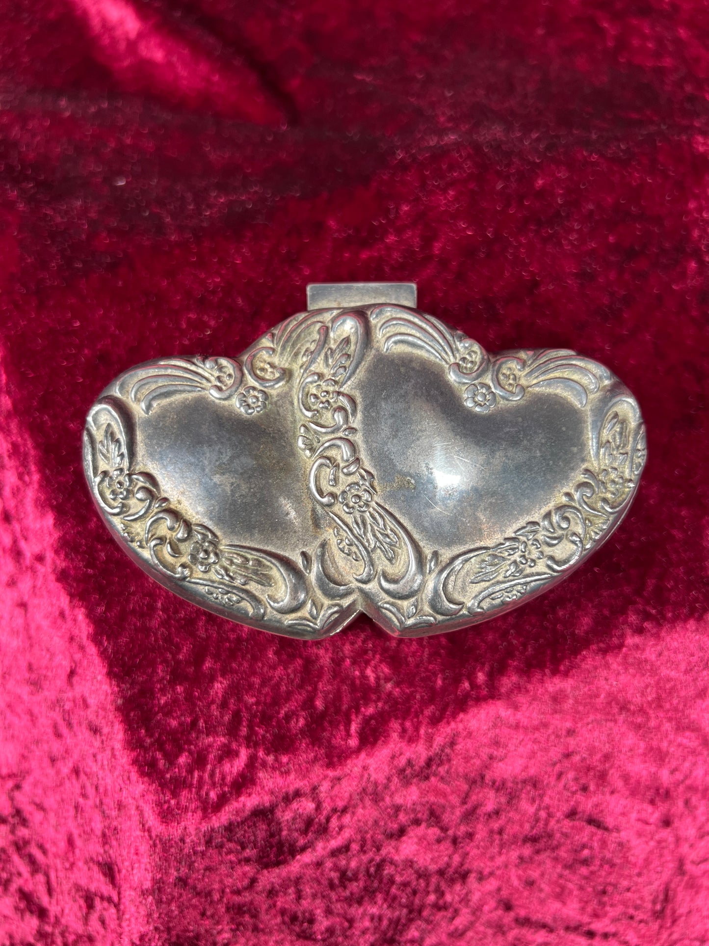 Vintage Jewelry Box - Antique Silver Patina - Double Hearts with Floral Filigree - Red Velvet Lining