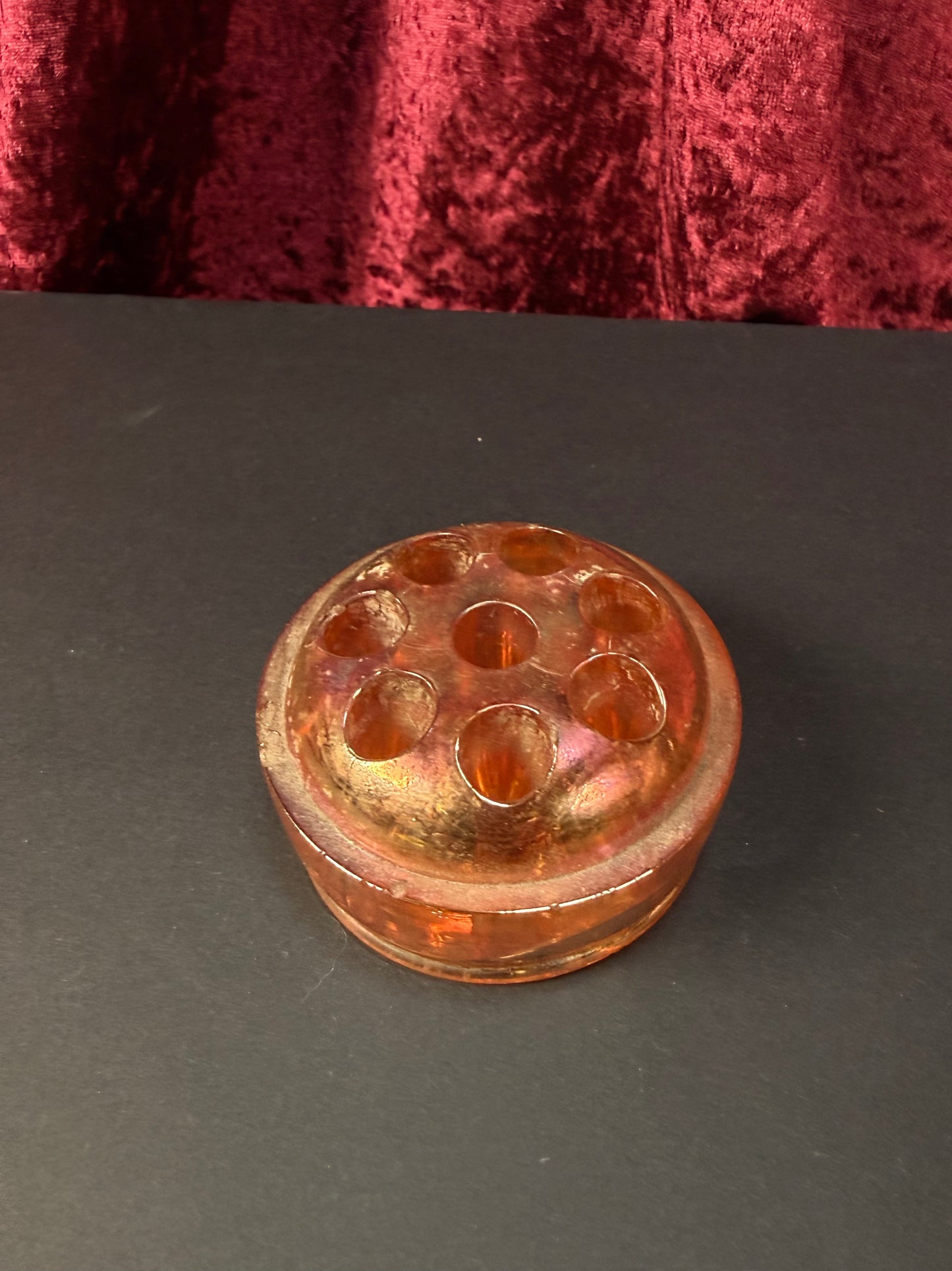 Vintage Carnival Glass Flower Frog – Marigold Iridescent Dome