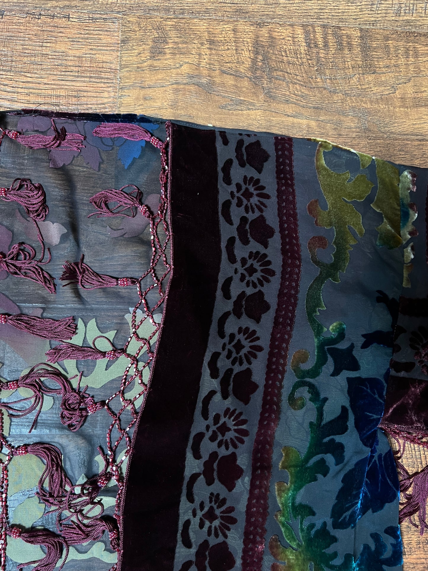 Vintage Velvet Burnout Shawl - Jewel Tone Floral Beaded Fringe Wrap - Size Small