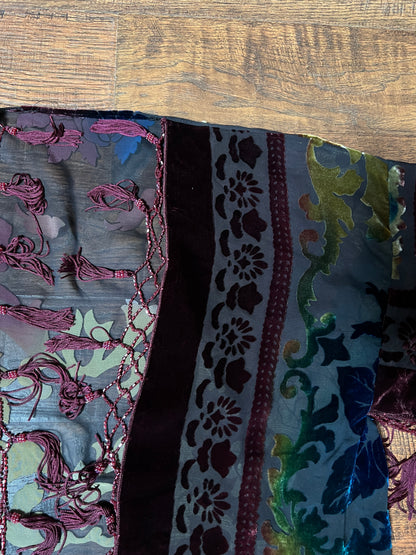 Vintage Velvet Burnout Shawl - Jewel Tone Floral Beaded Fringe Wrap - Size Small