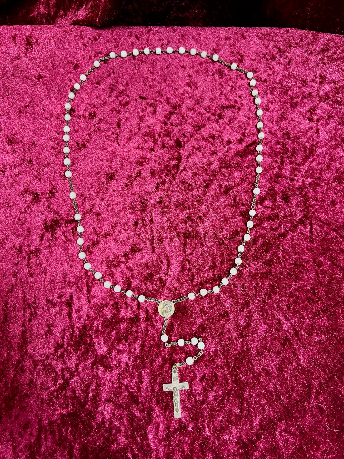 Vintage Jewelry - Italian Rosary - Shiny White Beads with Brass Tone Cross - 18"