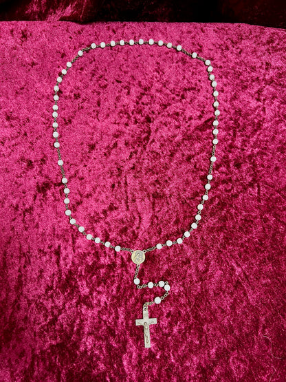 Vintage Jewelry - Italian Rosary - Shiny White Beads with Brass Tone Cross - 18"