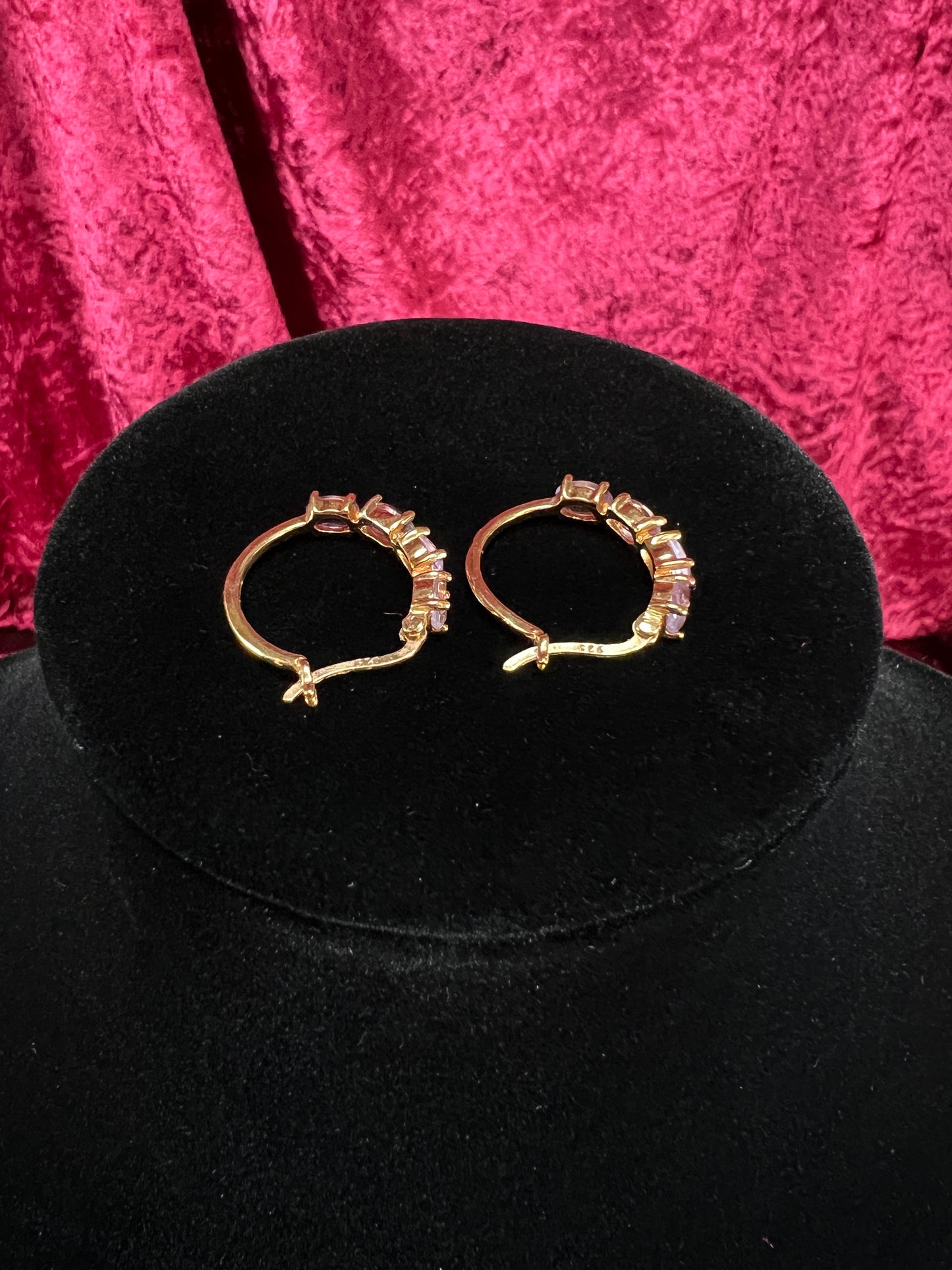 Vintage Gold Plated 925 Silver Hoop Earrings – Oval Faceted Pink Topaz Gemstones