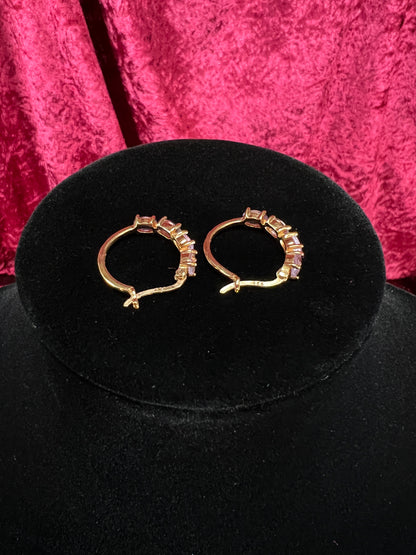 Vintage Gold Plated 925 Silver Hoop Earrings – Oval Faceted Pink Topaz Gemstones