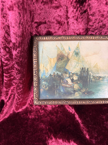 Antique Framed Chromolithograph Wall Art - Traders In The Grand Canal of Venice