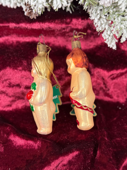 Vintage Christmas - Handblown Glass Ornament Pair - Adam and Eve - Whitehurst Imports - Czech Republic