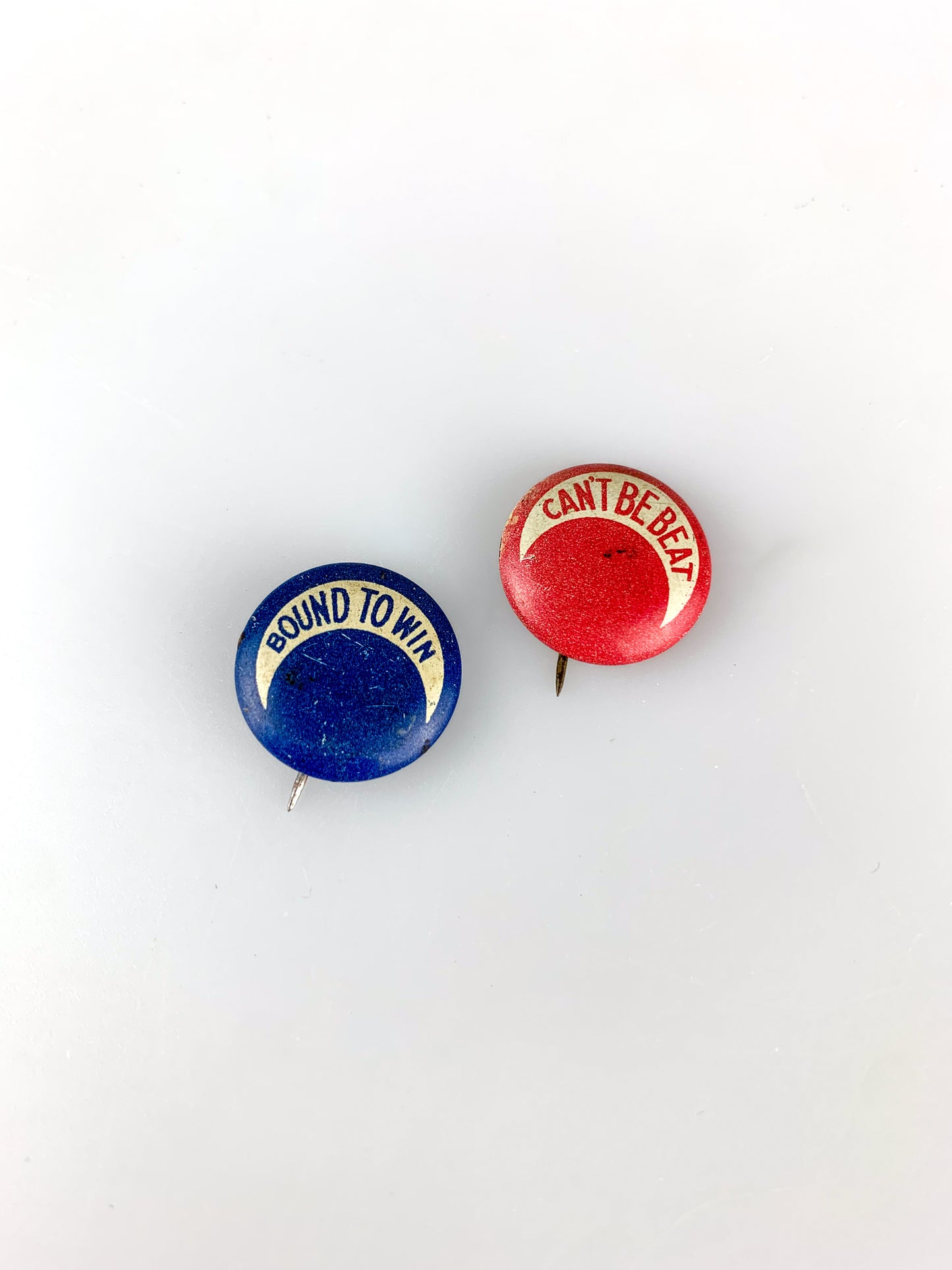 Antique World War 1 Patriotic Pinback Buttons - Bound To Win / Can't Be Beat - Set of 2