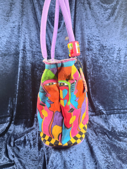 Vintage Canvas Laurel Burch Tote Bag – Kindred Spirits Faces with Purple Handles