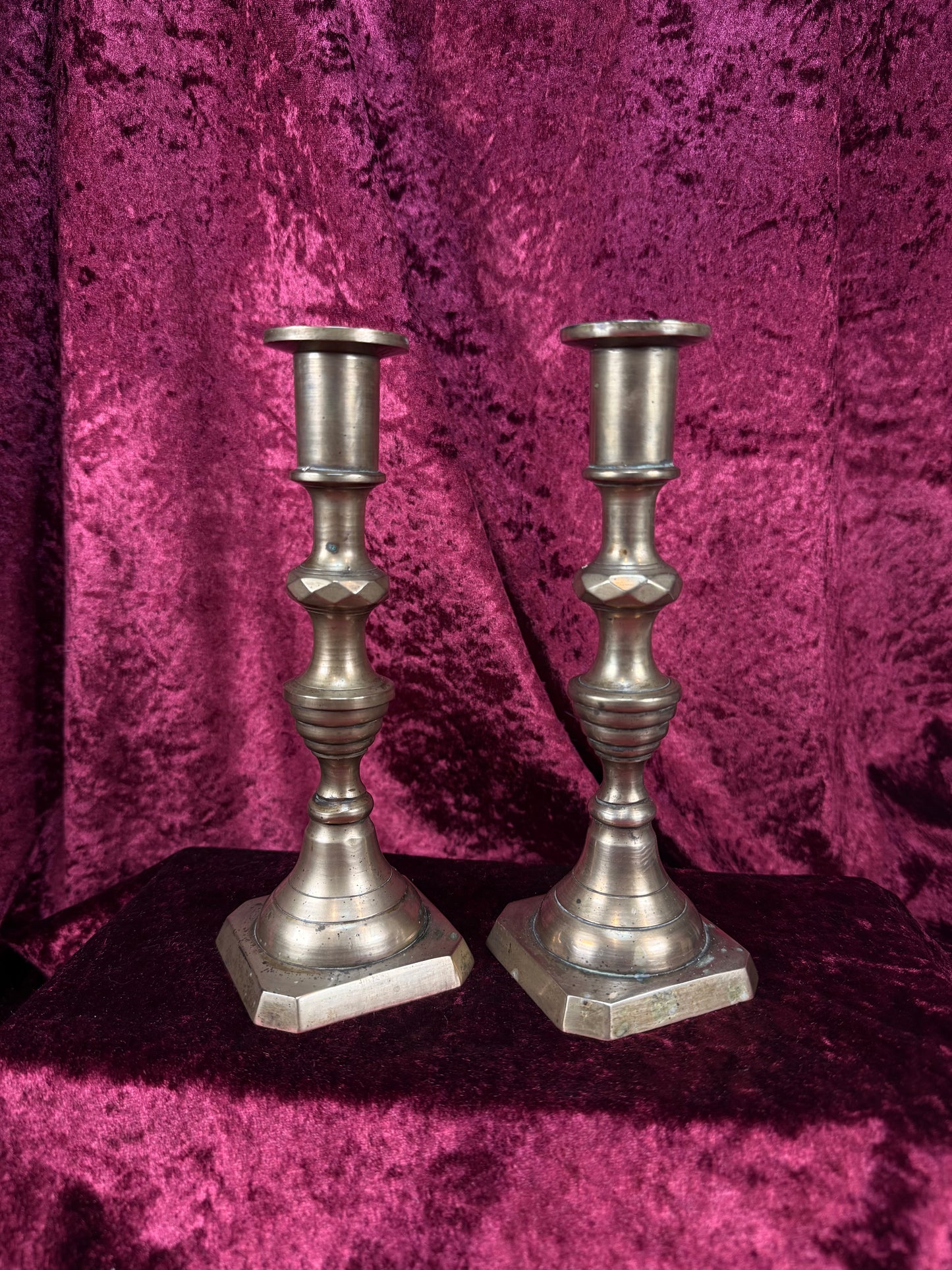 Antique English Brass Candlestick Pair – Beehive Taper Candle Holders