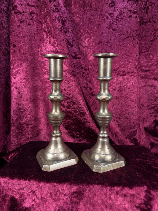 Antique English Brass Candlestick Pair – Beehive Taper Candle Holders