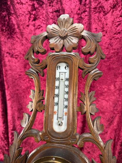 Antique Wall Decor - Hand Carved Dark Wood Thermometer - Black Forest Style - Denmark