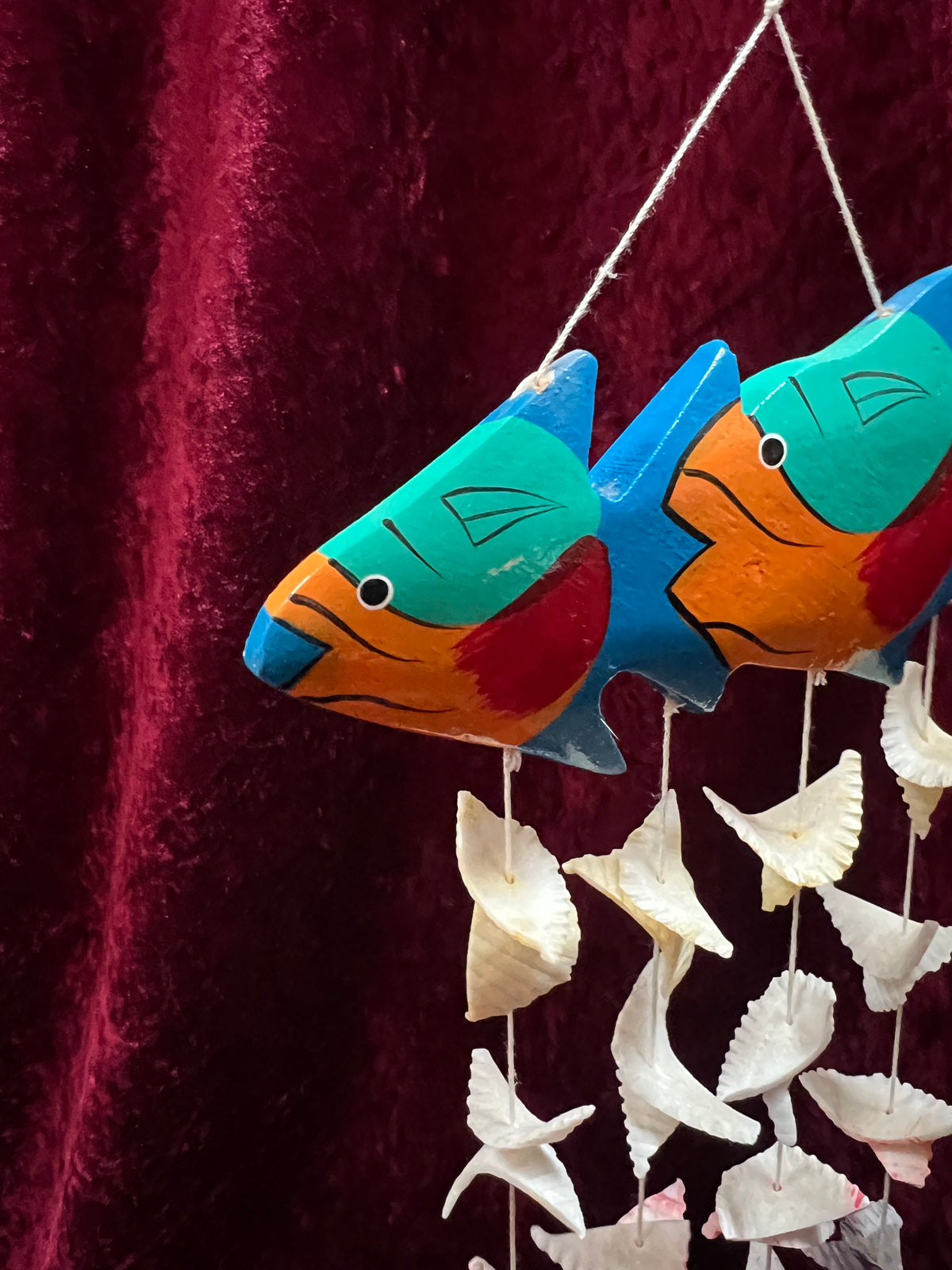 Vintage Wood Fish Wind Chime - Hand Painted Tropical Fish Seashell Mobile