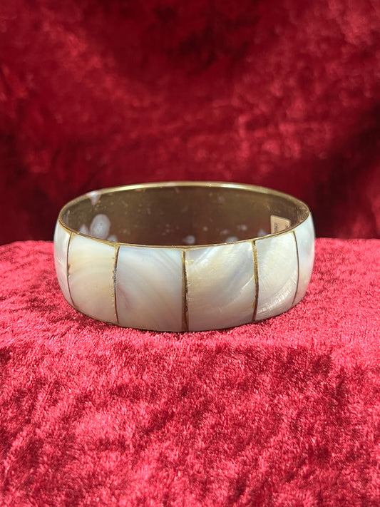 Vintage Jewelry - Chunky Bangle Bracelet - Brass and Mother Of Pearl - Made In India