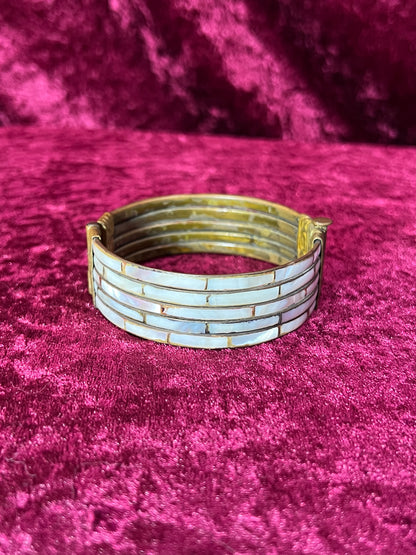 Vintage Jewelry - Chunky Bangle Bracelet - Brass with Inlaid Abalone Shell - Hinged Pin Closure