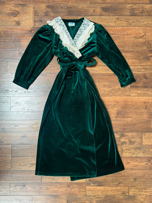 Vintage Clothing - Velour House Robe - Emerald Green - Floral Lace Collar - Large - Partners