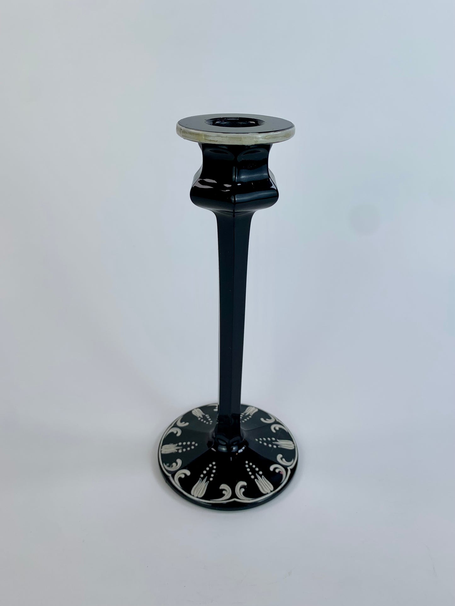 Vintage Hand Painted Black Glass Candlestick Holder - 8 1/4"