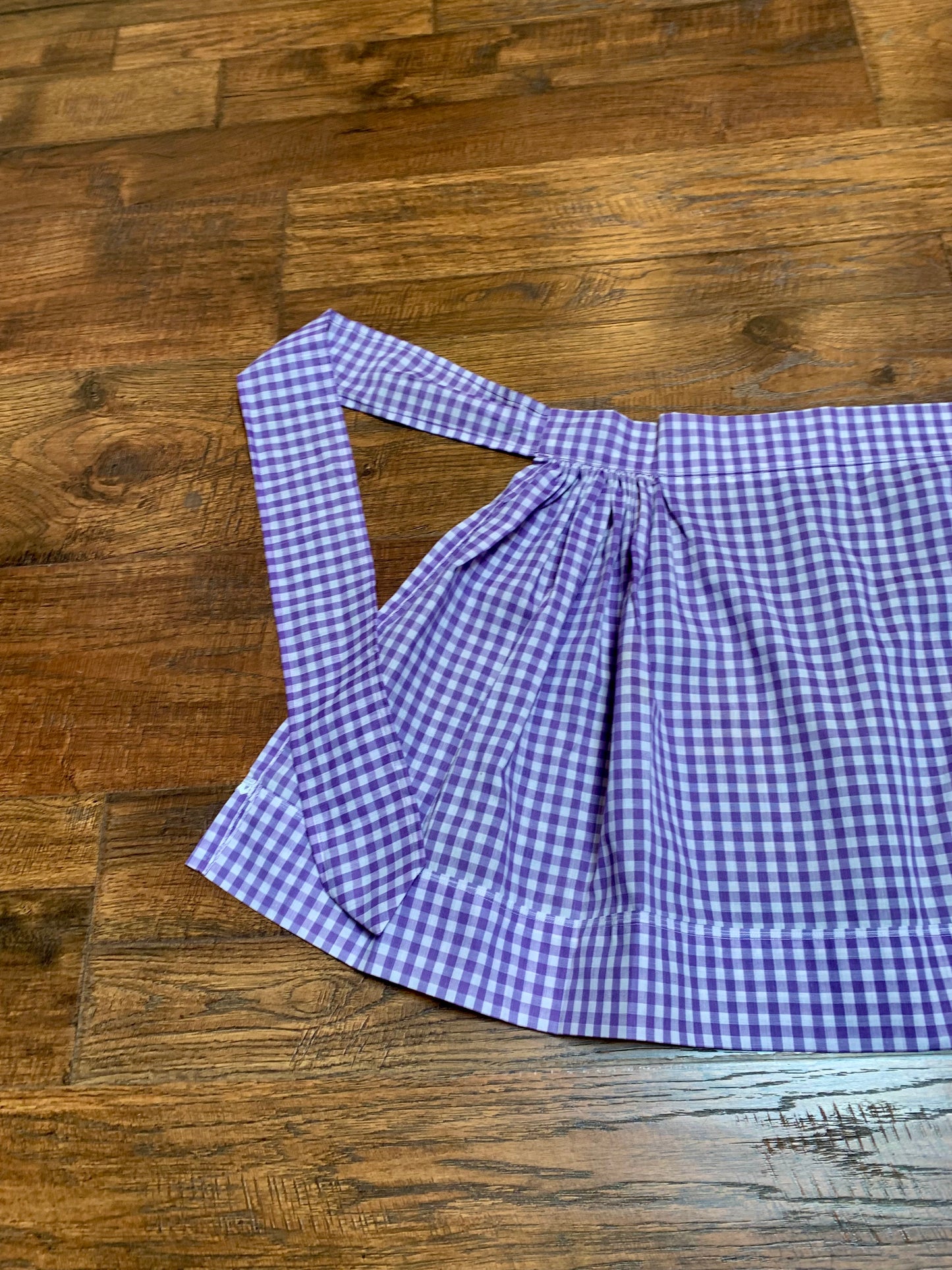 Vintage Lilac & Periwinkle Gingham Half Apron with Lace Detail