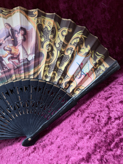 Vintage Mid Century Painted Wood Folding Fan – Double-Sided European Court Scenes