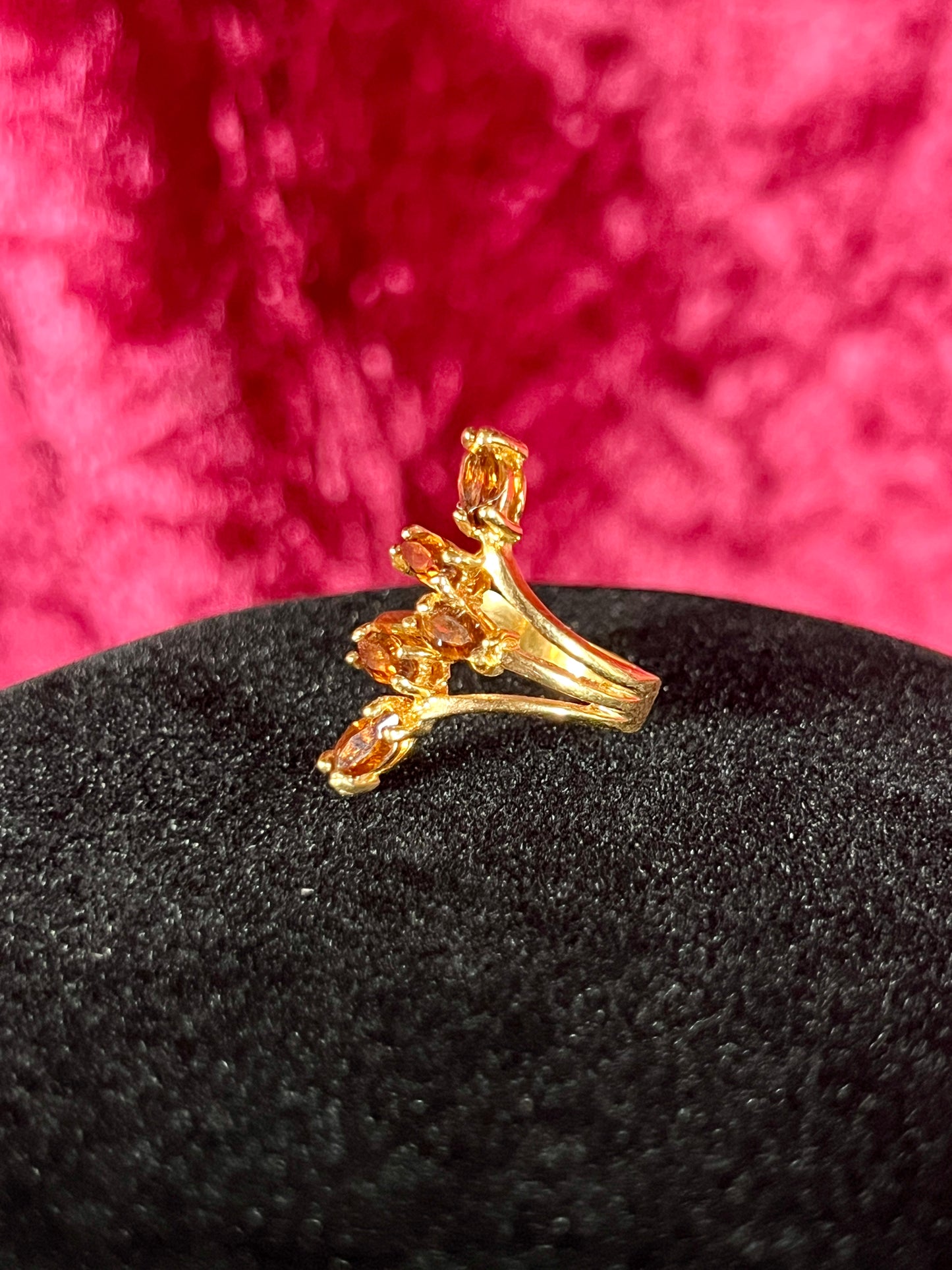 Vintage 18K HGE Cocktail Ring – Marquise Cut Amber Rhinestones - Size 5