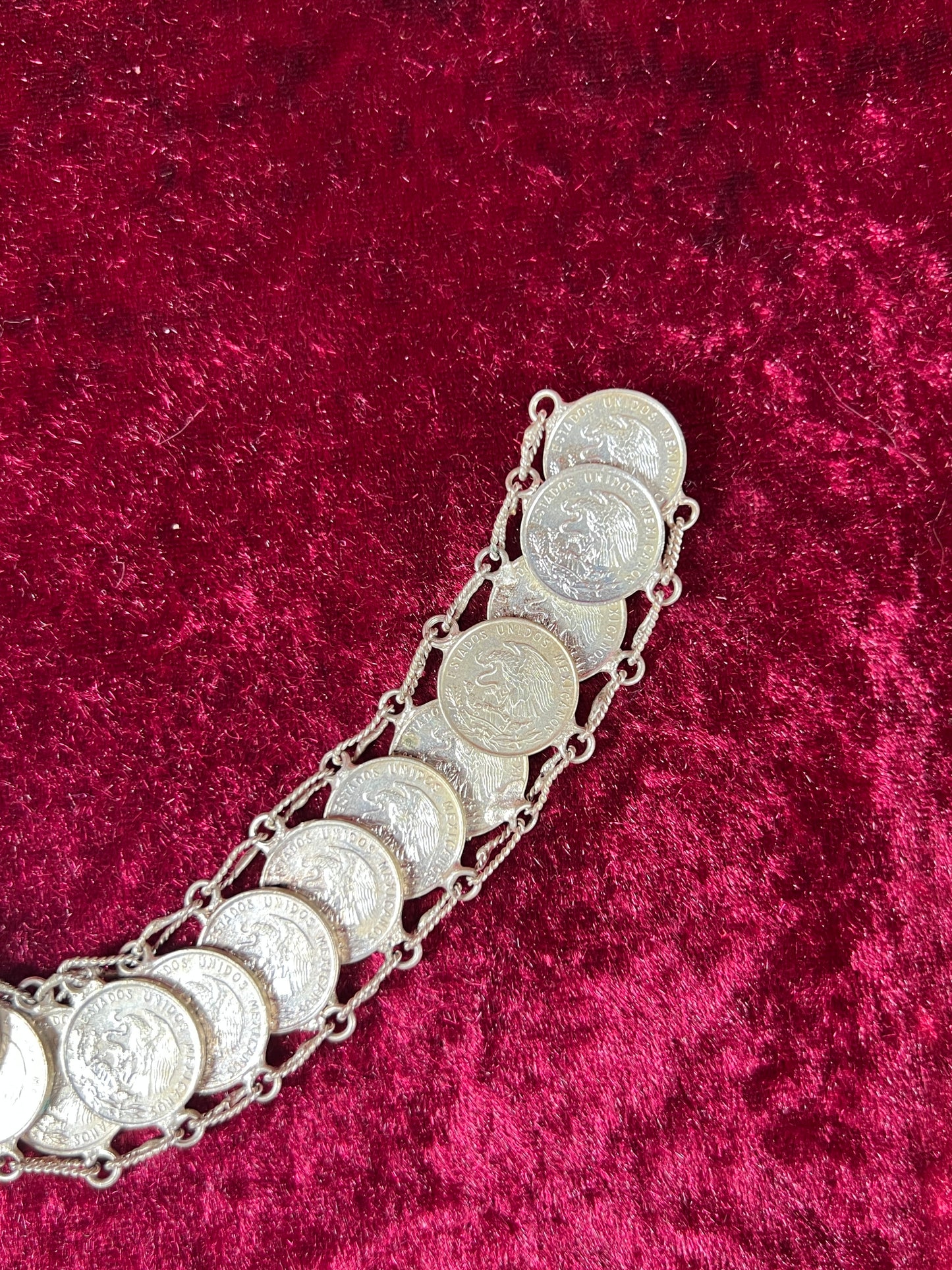Vintage Jewelry - Coin Bracelet - Silver - Mexican Centavos - 7.75"