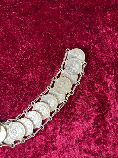 Vintage Jewelry - Coin Bracelet - Silver - Mexican Centavos - 7.75"