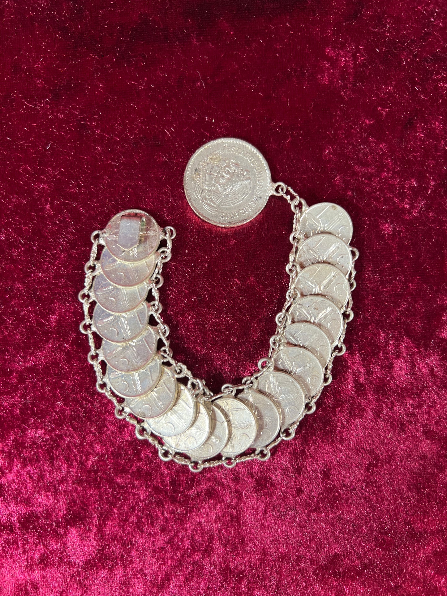 Vintage Jewelry - Coin Bracelet - Silver - Mexican Centavos - 7"