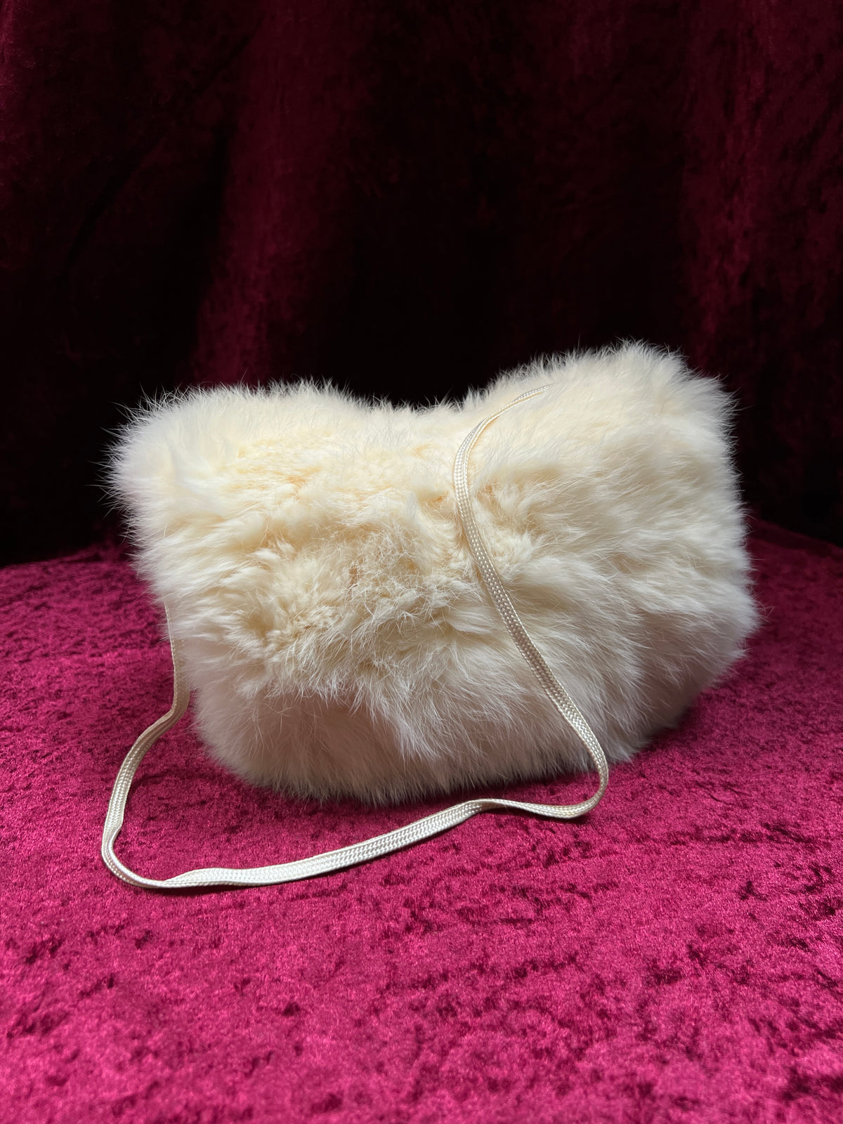 Vintage Real Rabbit Fur Hand Muff - Ivory Plush Hand Warmer with Shoulder Strap