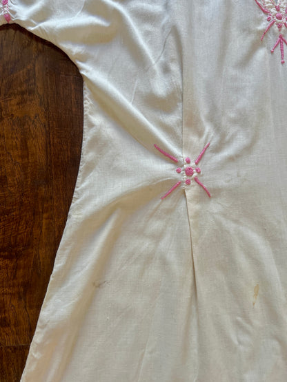 Vintage Handmade Cotton Linen Caftan - Pink Embroidered Boho Tunic Dress - Medium