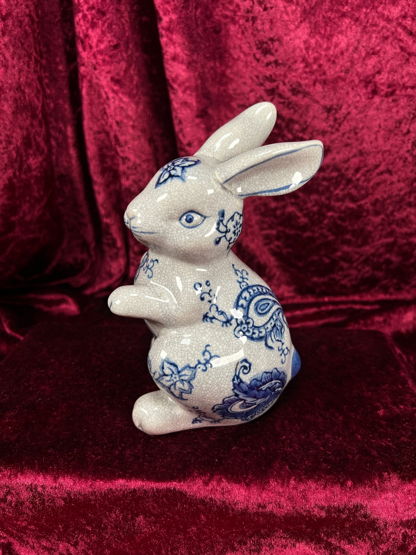 Vintage Ceramic Rabbit Figurine - Blue and White Floral Crackle Finish - Baum Bros