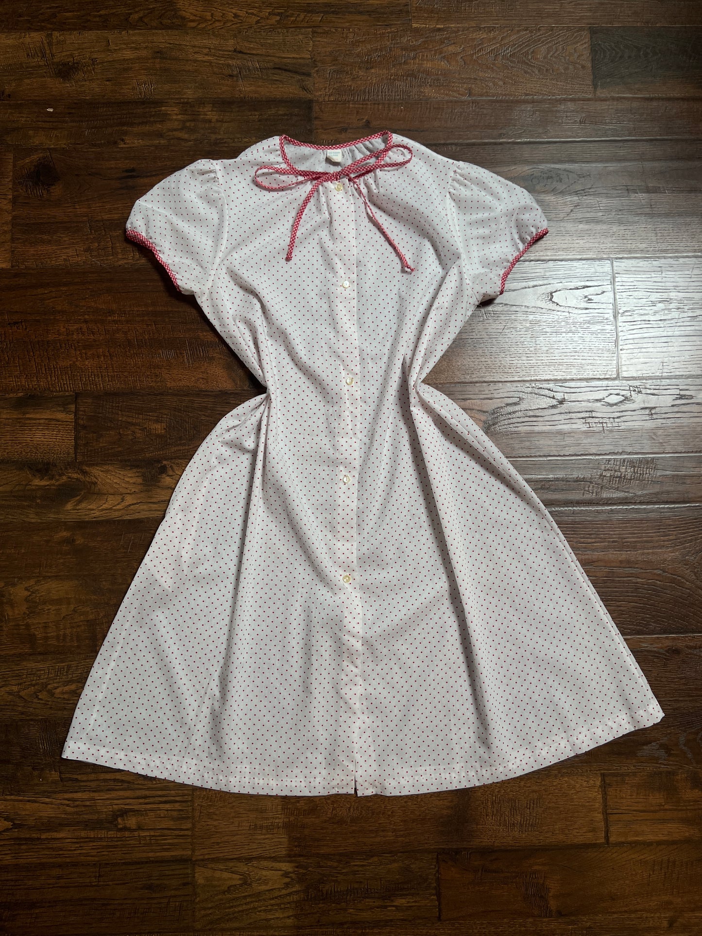 Vintage Cotton Blend Nightie - White Red Polka Dot Button Front - Size Large