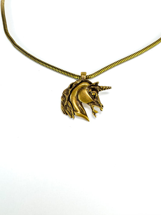 Vintage Brass Choker - Unicorn Pendant on 16" Snake Chain