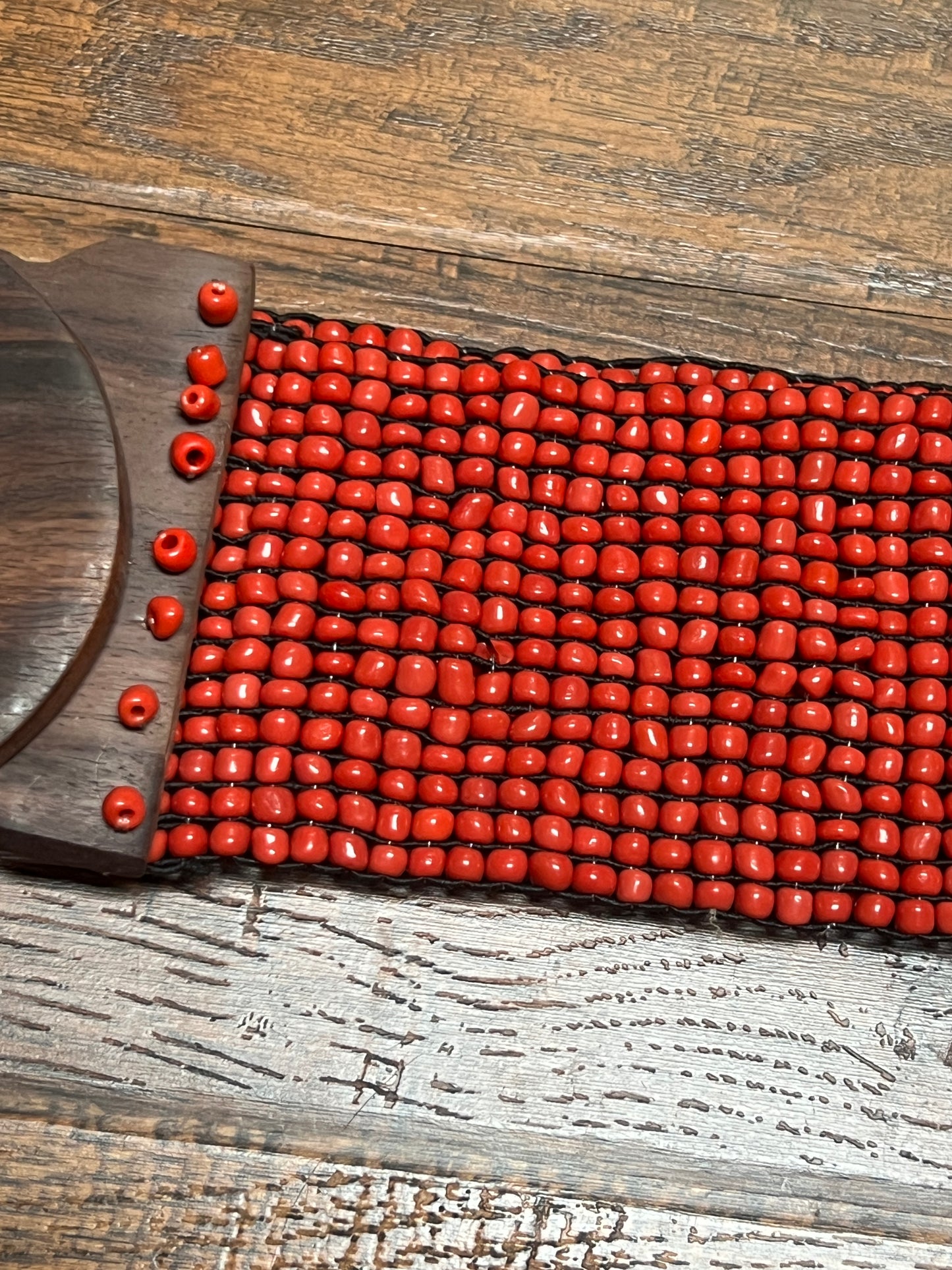Vintage Style Accessories - Glass Seed Beaded Waist Belt with Wood Buckle - Red - 31.5"