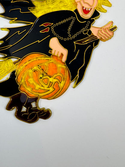 Vintage Halloween Decoration - Plastic Window Suncatcher - Witch and Jack-o-Lantern