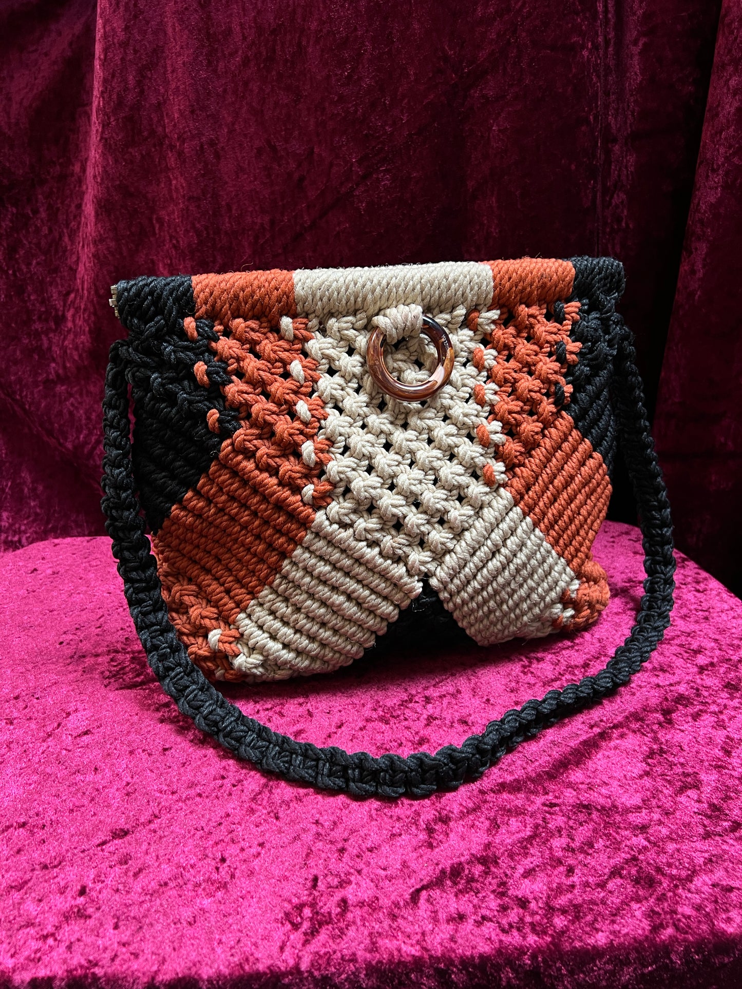 Vintage 1970s Frame Top Macramé Shoulder Bag – Geometric Earth Tones Pattern - Marbella