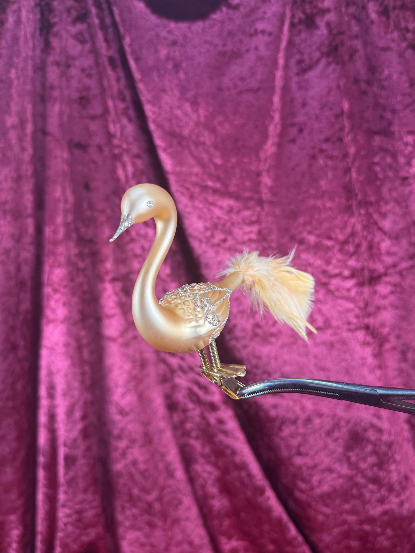 Vintage Christmas - Handblown Glass Clip On Ornament - Gold Swan with Feather Tail