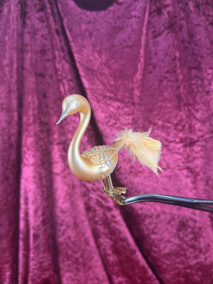 Vintage Christmas - Handblown Glass Clip On Ornament - Gold Swan with Feather Tail