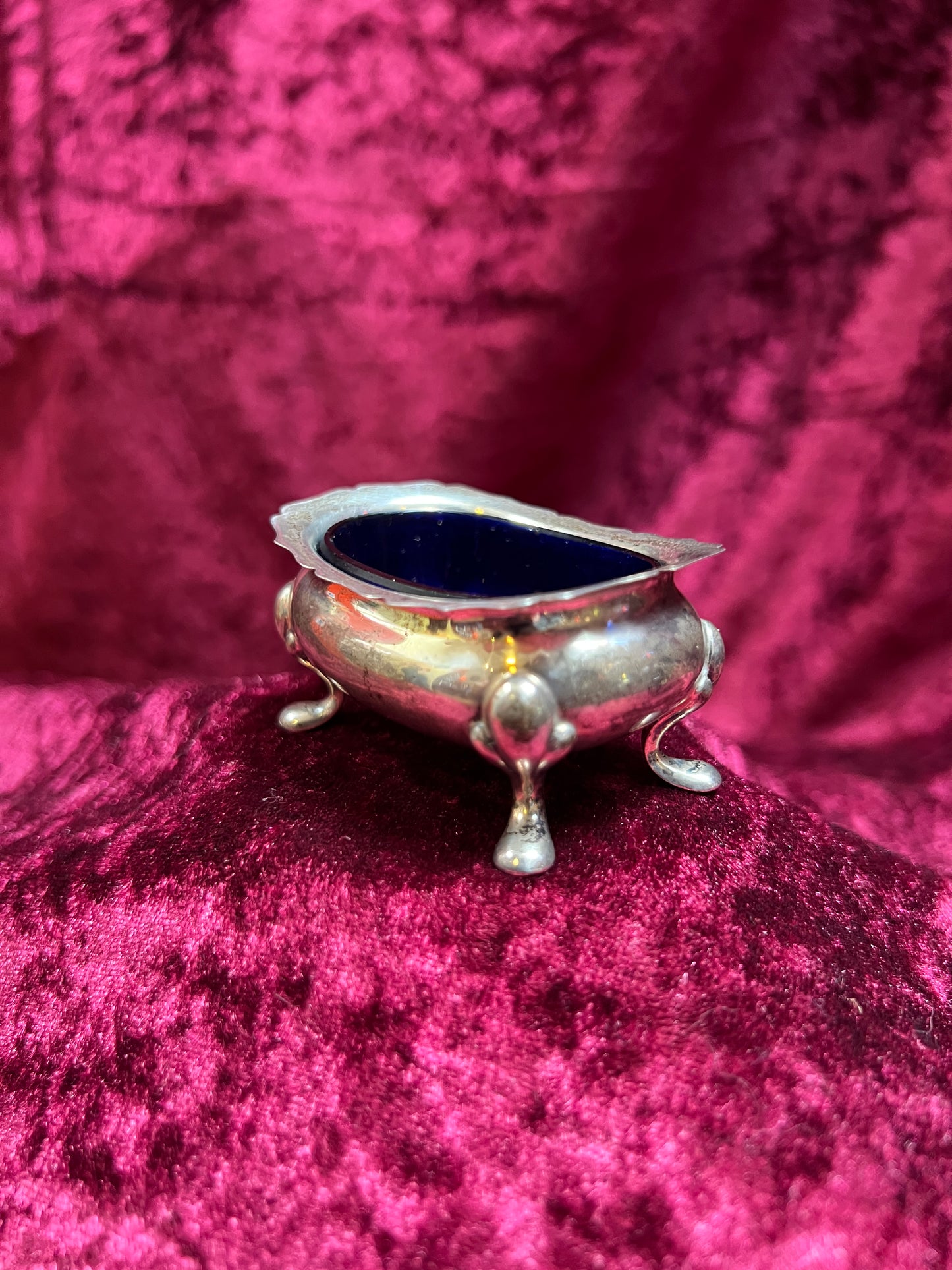 Vintage Kitchen - Footed Salt Cellar with Cobalt Blue Glass Insert - Sterling Silver - Hardy Bros - England