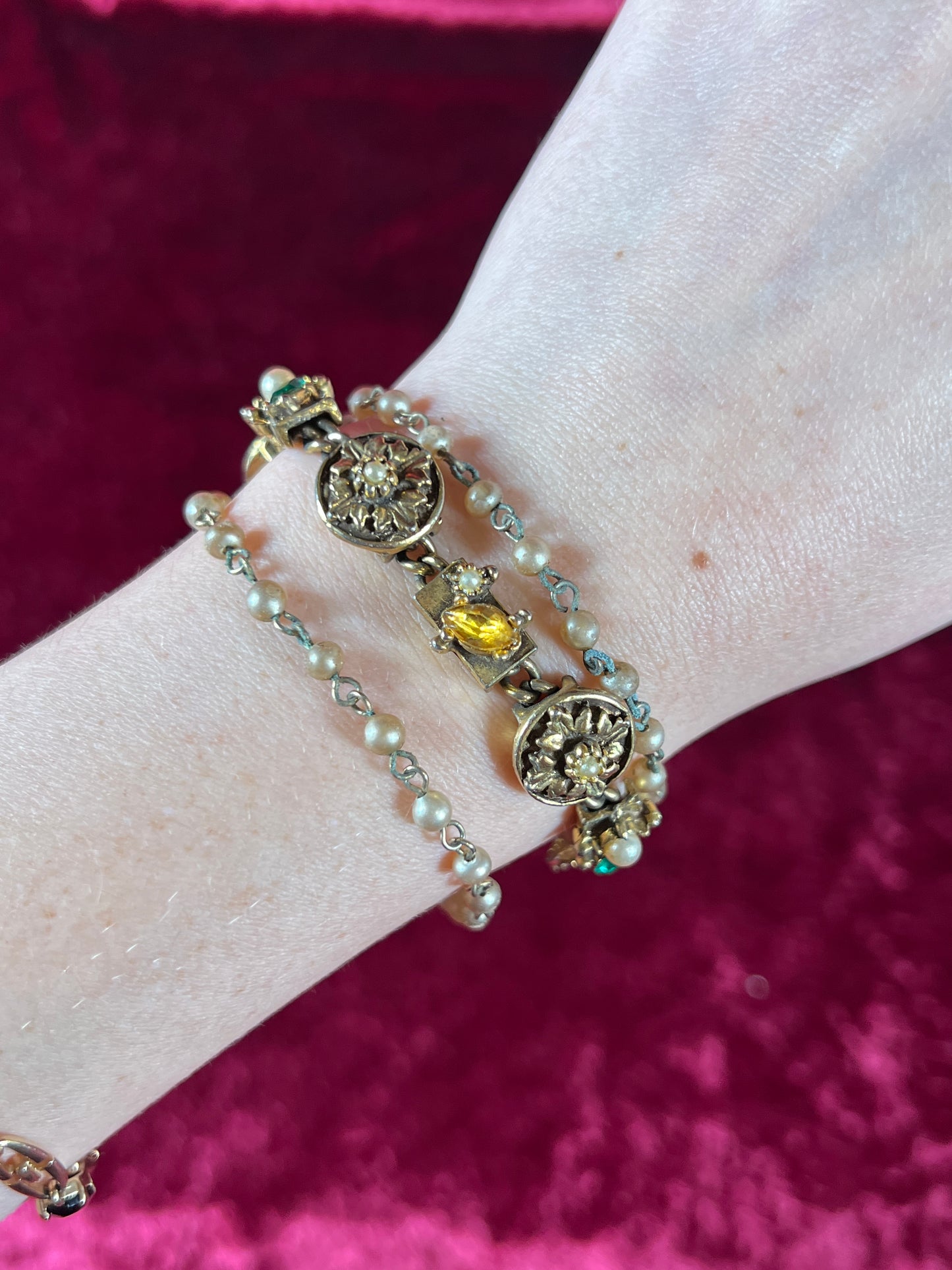Vintage Jewelry - 3-Strand Charm Bracelet - Gold Tone - Multicolor Rhinestones - Goldette NY