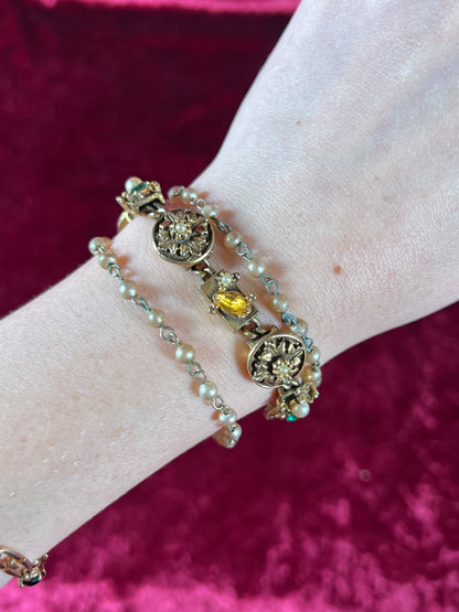 Vintage Jewelry - 3-Strand Charm Bracelet - Gold Tone - Multicolor Rhinestones - Goldette NY