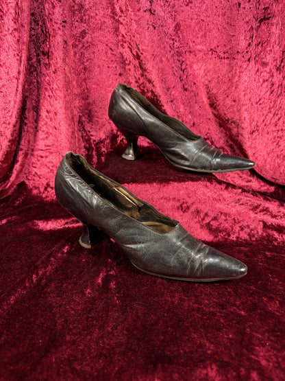 Antique Edwardian Poiret Black Leather Pumps – Louis XV Style Heel - Size 6